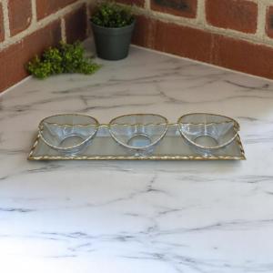 Glass Trey With 3 Glass Bowl (Gold Trimmed)