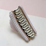 Pearl-Encrusted Hair Claw with Scallop Detail & Gold Grip