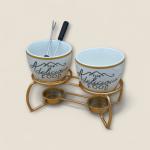 5-Piece Ceramic Fondue Set with Dual Bowls, Metal Stand & Forks