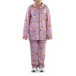 Women’s Snoopy & Woodstock Pajama Set –  Button-Up Top & Pants with All-Over Cartoon Print