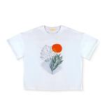 Sunset Botanical Bliss Tee – Abstract Nature Print with Tropical Leaf and Sun Graphic