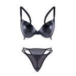 Black Faux Leather Bra and Mesh Thong Set, Strappy Design.