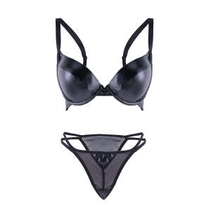 Black Faux Leather Bra and Mesh Thong Set, Strappy Design.