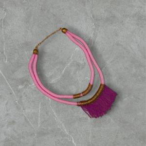 Boho Dual Cord Fringe Necklace – Pink & Purple with Wire Wrap Design