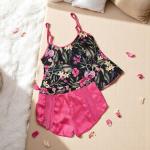 VIP Women’s Floral Satin Sleepwear Set – Black Tropical Print Cami Top & Hot Pink Lace Shorts