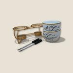 5-Piece Ceramic Fondue Set with Dual Bowls, Metal Stand & Forks