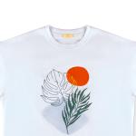 Sunset Botanical Bliss Tee – Abstract Nature Print with Tropical Leaf and Sun Graphic