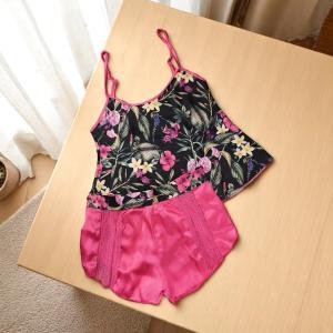 VIP Women’s Floral Satin Sleepwear Set – Black Tropical Print Cami Top & Hot Pink Lace Shorts